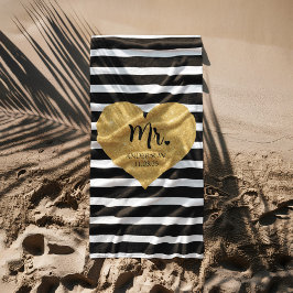 Toalla De Playa Elegante Corazón Dorado Las Rayas Negras Se Casan