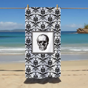 Toalla De Playa Elegante Cráneo Gótico Negro Y Blanco De Damasco
