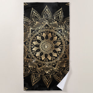 Toalla De Playa Elegante dorado Mandala diseño negro