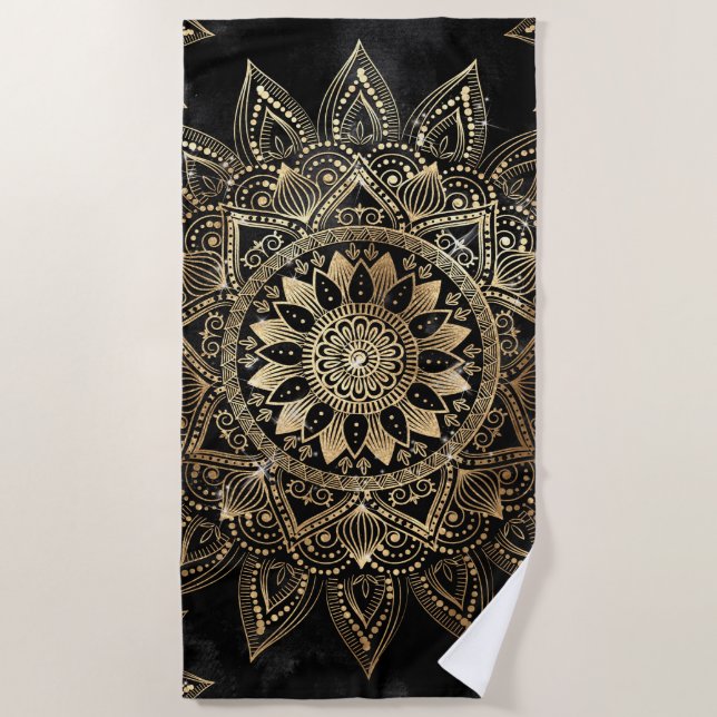 Toalla De Playa Elegante dorado Mandala diseño negro (Anverso)