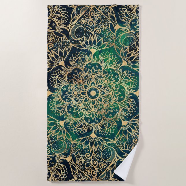 Toalla De Playa Elegante dorado Mandala Floral Verde Azul (Anverso)