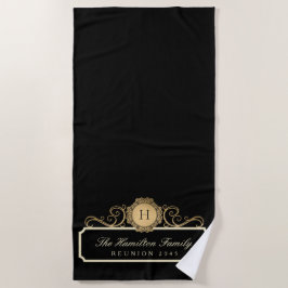Toalla De Playa Elegante familia Reunión Monograma Dorado Negro