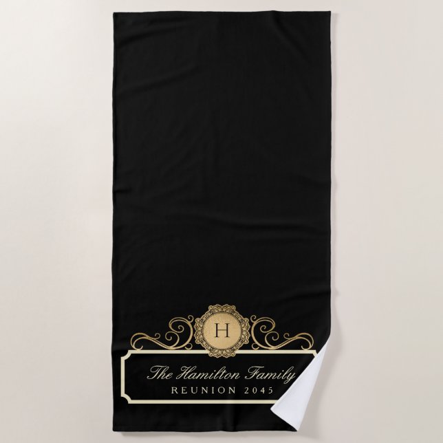 Toalla De Playa Elegante familia Reunión Monograma Dorado Negro (Anverso)
