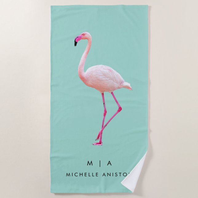 Toalla De Playa Elegante flamenco verde rosa | Personalizado monog (Anverso)