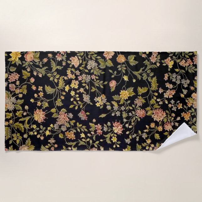 Toalla De Playa Elegante Floral Botánica Negra (Anverso)