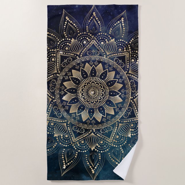 Toalla De Playa Elegante galaxia azul Mandala dorada (Anverso)
