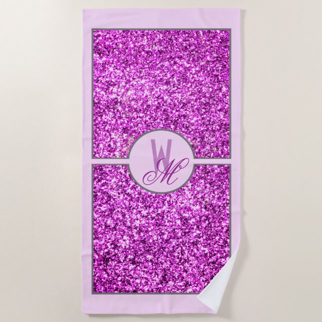 Toalla De Playa Elegante Glitter Rosa Monogramado  (Anverso)