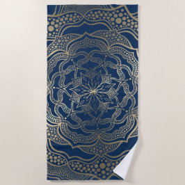 Toalla De Playa Elegante Mandala Art Boho Gold y Marina Blue Luxur