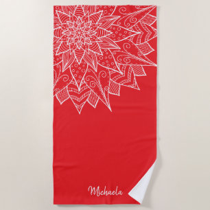 Toalla De Playa Elegante Mandala Floral de Verano Rojo