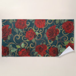 Toalla De Playa Elegante Moda Vintage de Damask elegante Roses roj