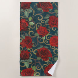 Toalla De Playa Elegante Moda Vintage de Damask elegante Roses roj
