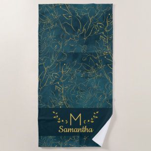 Toalla De Playa Elegante Monograma floral Verde azulado azul y Rel