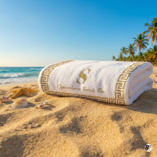 Toalla De Playa Elegante Monograma Personalizado de Llave Griega e