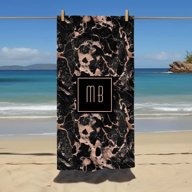 Toalla De Playa Elegante Monograma Rosa Oro Mármol Negro (Elegant Monogram Rose Gold Black Marble Beach Towel)
