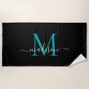 Toalla De Playa Elegante Monograma Verde azulado negro con guión f