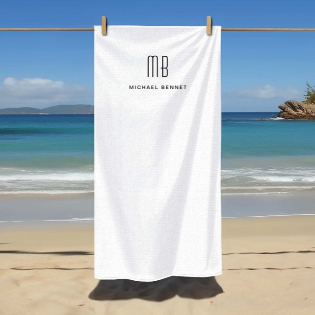 Toalla De Playa Elegante Monogramado Blanco y Negro (Elegant Black and White Monogrammed Beach Towel)