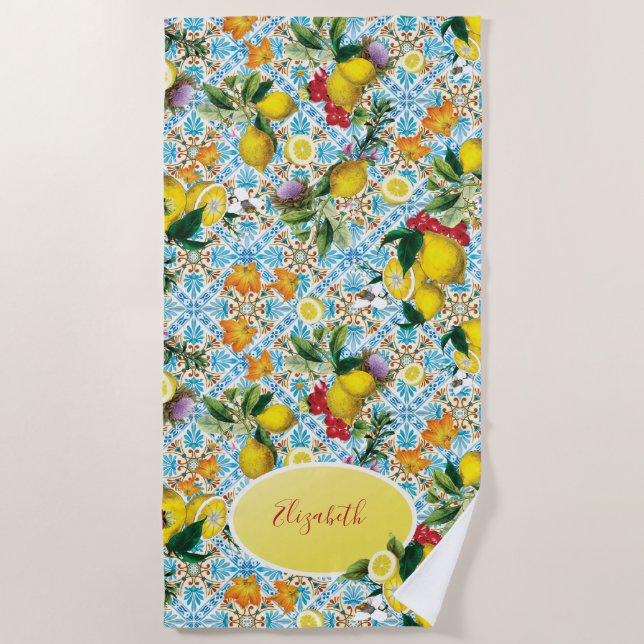 Toalla De Playa Elegante Monogramado de Limón (Anverso)