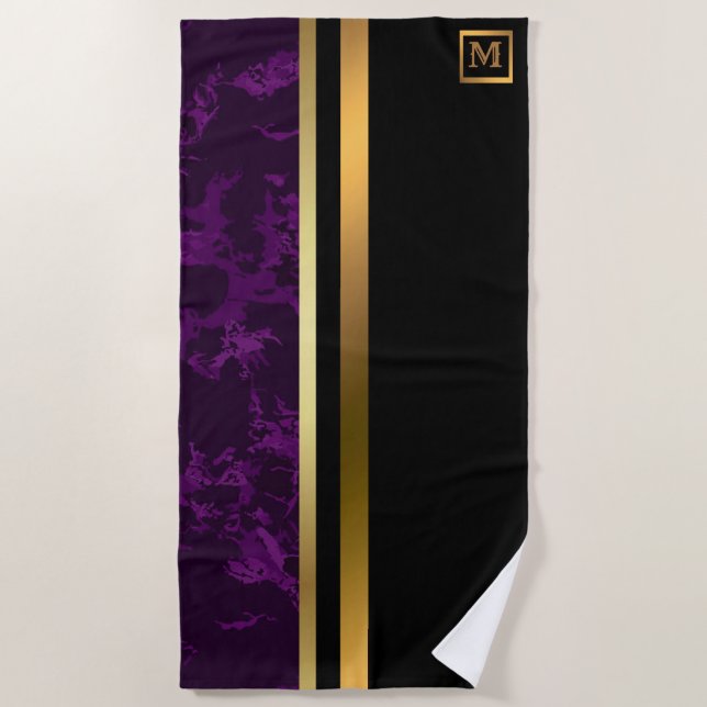 Toalla De Playa Elegante Monogramado Mármol Negro Oro (Anverso)