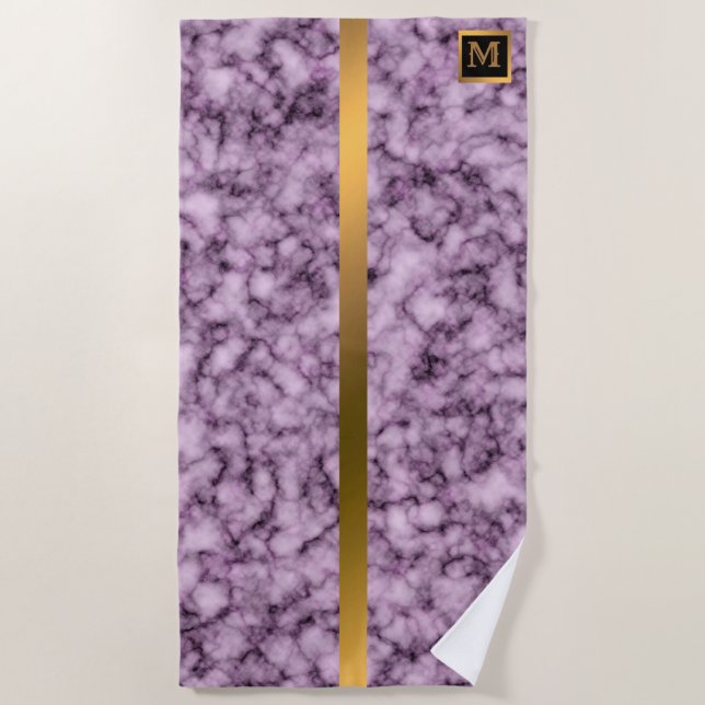 Toalla De Playa Elegante Monogramado Mármol Negro Oro (Anverso)