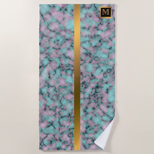 Toalla De Playa Elegante Monogramado Mármol Negro Oro (Anverso)