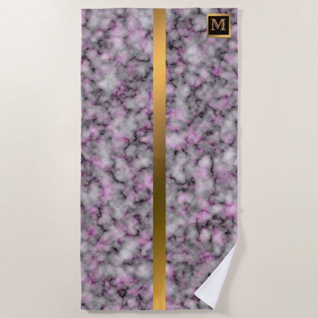 Toalla De Playa Elegante Monogramado Mármol Negro Oro (Anverso)