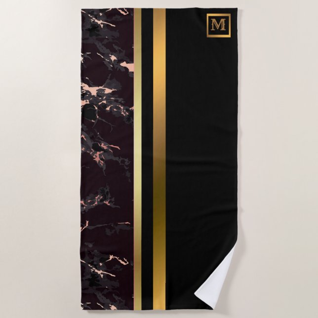 Toalla De Playa Elegante Monogramado Mármol Negro Oro (Anverso)