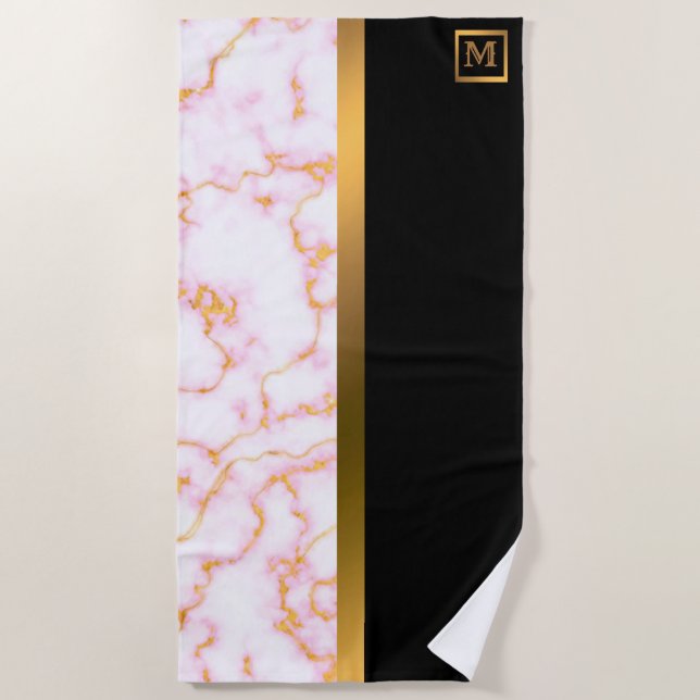 Toalla De Playa Elegante Monogramado Mármol Negro Oro (Anverso)