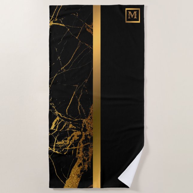Toalla De Playa Elegante Monogramado Mármol Negro Oro (Anverso)