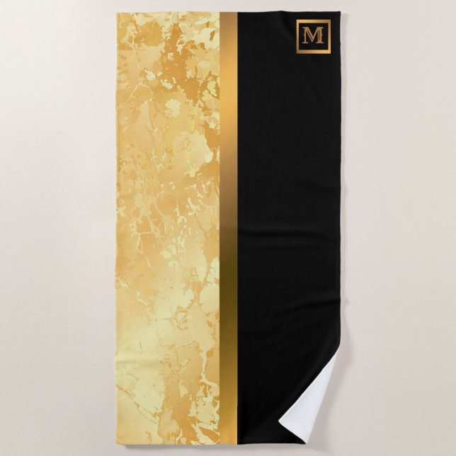 Toalla De Playa Elegante Monogramado Mármol Negro Oro (Anverso)