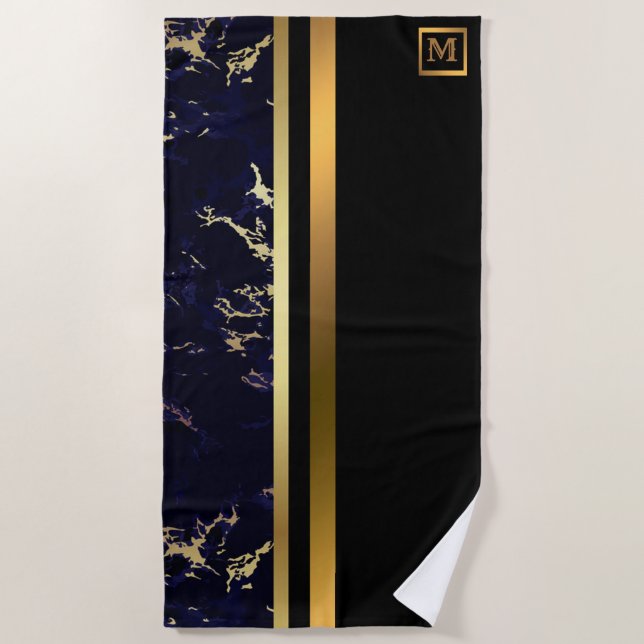 Toalla De Playa Elegante Monogramado Mármol Negro Oro (Anverso)