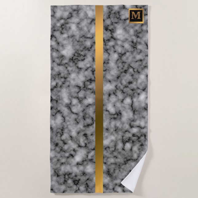 Toalla De Playa Elegante Monogramado Mármol Negro Oro (Anverso)
