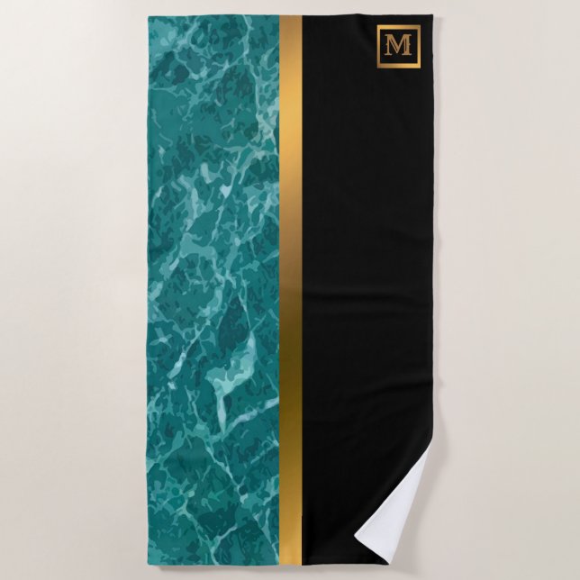 Toalla De Playa Elegante Monogramado Mármol Negro Oro (Anverso)