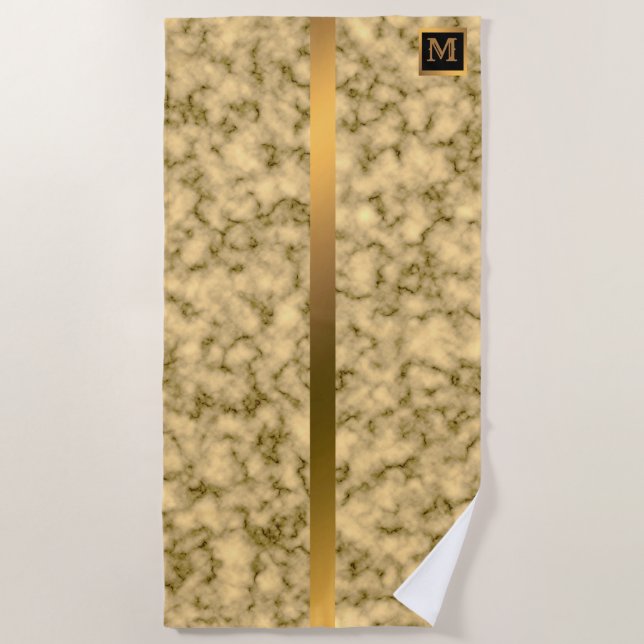 Toalla De Playa Elegante Monogramado Mármol Negro Oro (Anverso)
