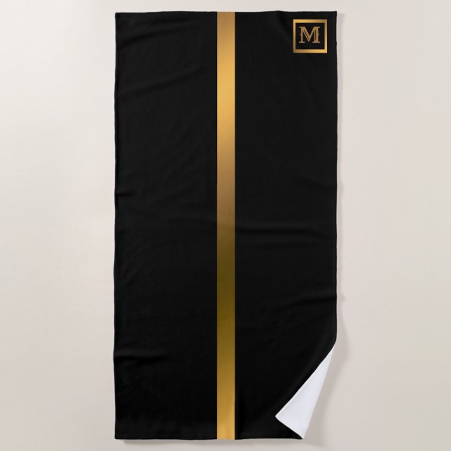 Toalla De Playa Elegante Monogramado Mármol Negro Oro (Anverso)