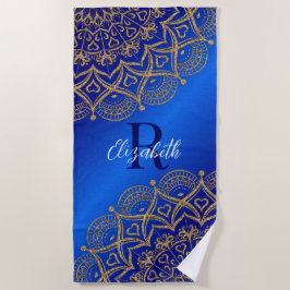 Toalla De Playa Elegante Monogramado Royal Blue y Gold Mandala