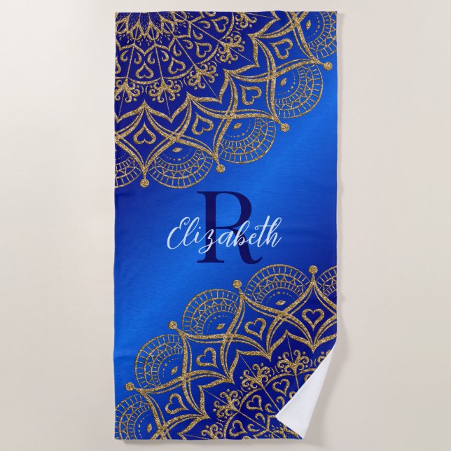Toalla De Playa Elegante Monogramado Royal Blue y Gold Mandala (Anverso)