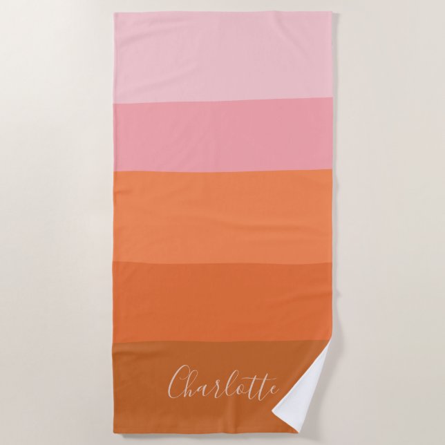 Toalla De Playa Elegante Naranja rosa Abstract Stripes Script Name (Anverso)