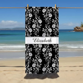 Toalla De Playa Elegante nombre floral blanco y negro
