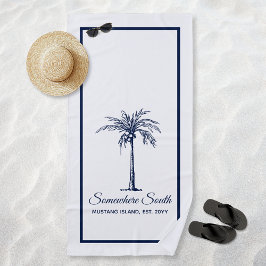 Toalla De Playa Elegante Palma Azul Personalizada
