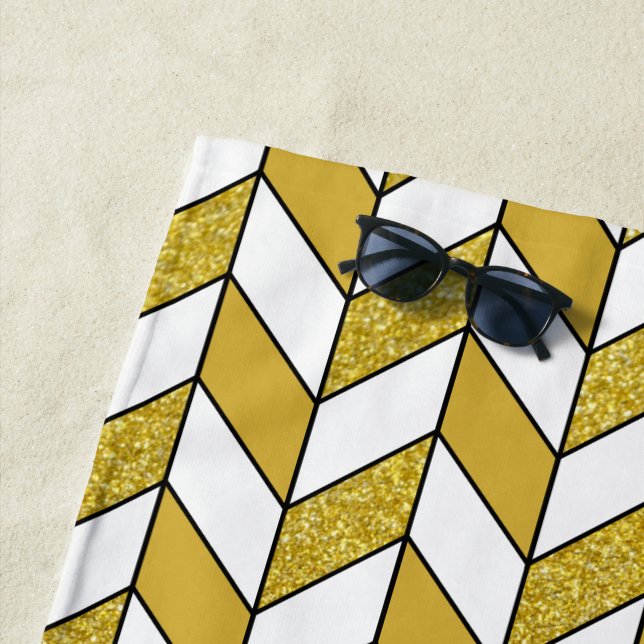 Toalla De Playa Elegante Patrón de Chevron de Herringbone Gold (In situ)