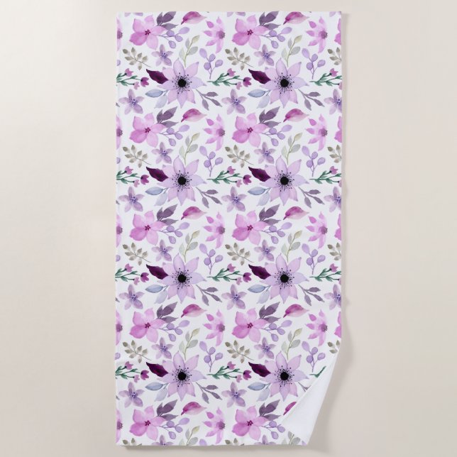 Toalla De Playa Elegante patrón de flores rosadas y moradas (Anverso)