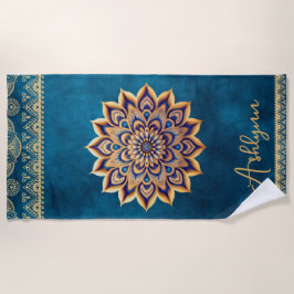 Toalla De Playa Elegante Personalizable de Yoga Blue Gold Mandala