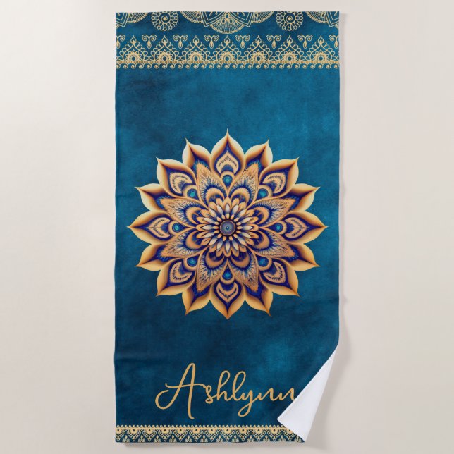 Toalla De Playa Elegante Personalizable de Yoga Blue Gold Mandala (Anverso)