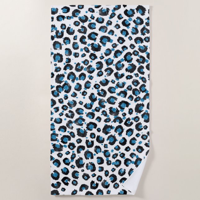 Toalla De Playa Elegante Purpurina azul Leopardo negro impresión a (Anverso)