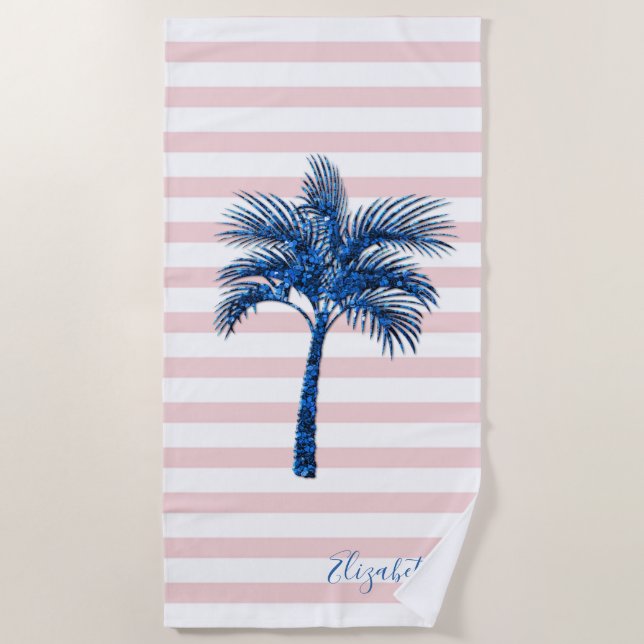 Toalla De Playa Elegante Purpurina azul Palm Rayas rosadas (Anverso)