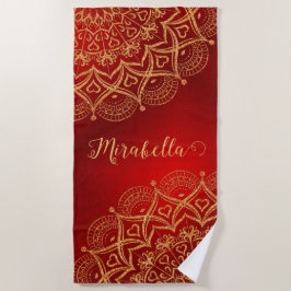 Toalla De Playa Elegante Red y Gold Mandala Monogramado