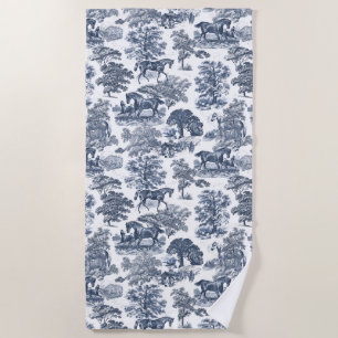 Toalla De Playa Elegante Toile Vintage Azul Polvoriento Blanco Cab