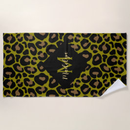 Toalla De Playa Elegante verde oliva y leopardo negro con monogram