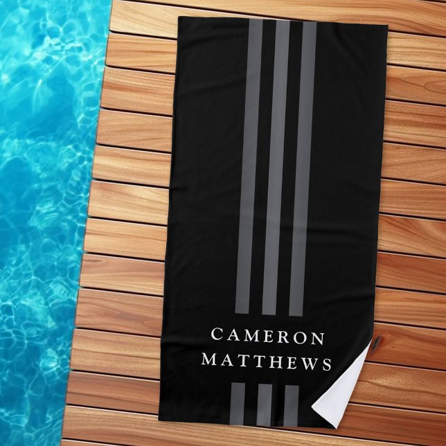 Toalla De Playa Elegantes líneas oscuras modernas monogramadas neg (Elegant dark lines modern monogrammed black beach towel)