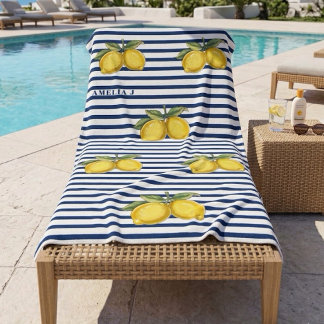 Toalla De Playa Elegantes rayas azules marinas y limones pintados